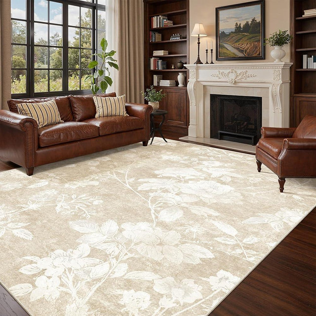 Soalmost Floral 8x10 Area Rugs for Living Room, Washable Oriental Flower Neutral Rugs with Soft Low-Pile Non-Slip Thin Throw Carpet for Bedroom Farmhouse Dining Room Nursery Home Office (8'x10',Beige)