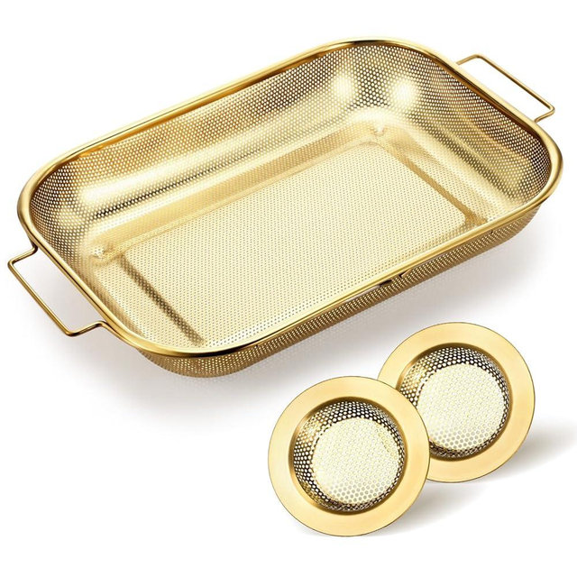 Acellegic 3 Pcs Gold over the Sink Colander and Strainer for Kitchen, Sink Strainer Basket, Collapsible Basket for Kitchen, Fruit Pasta Food Expandable Plastic Colander with Drain Stainless Steel