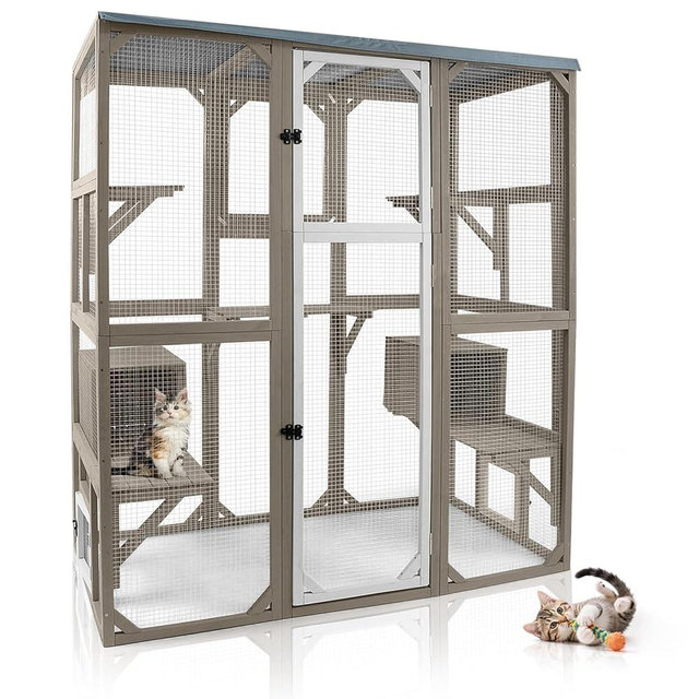 Catio Outdoor Cat Enclosure Large Cat House Catio Window for Mulitiple Cats Walk-in Kitty Cage with 5 Platforms 3 Access Doors Tarp Roof 67.7" H
