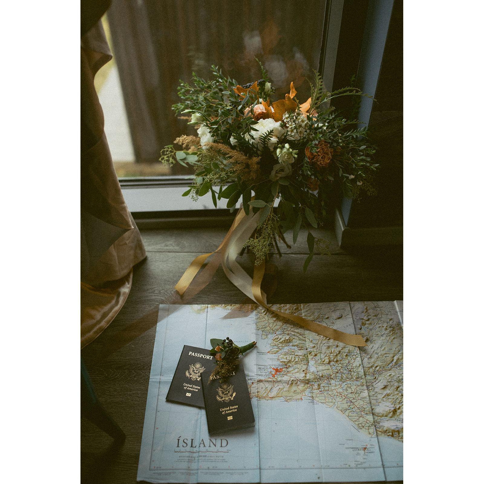 Passports, our rings, and Patti's flowers