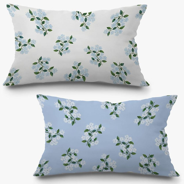Exqcom Blue and White Hydrangea Pillow Covers 12x20 Set of 2, Hydrangea Decor, Grandmillennial Home Decor, Cottagecore Botanical Grandmillennial Lumbar Pillow Covers for Home Bedroom Living Room
