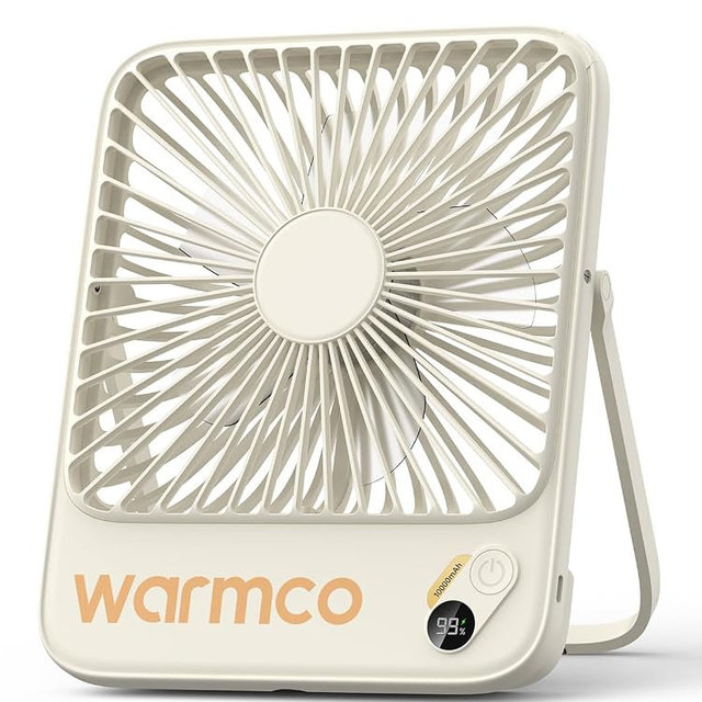 Warmco 10000mAh Portable Travel Fan 7-inch, Up to 24H Runtime, Ultra-thin Quiet Rechargeable Battery Powered Desk Fan with Digital Display for Camping, Office, Bedroom, Cruise Essentials
