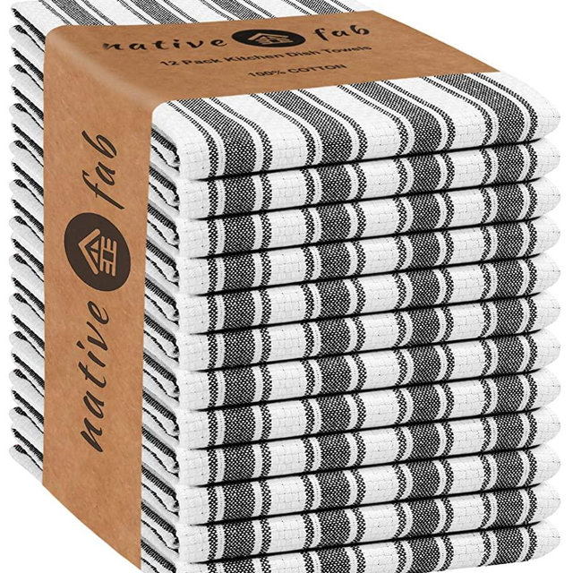 Native Fab 12 Pack Farmhouse Basket Weave Kitchen Dish Towels Cotton Absorbent Washable 15x25 - Tea Towels, Dish Cloths, Restaurant Cleaning Towels, Kitchen Towels with Hanging Loop, Black White