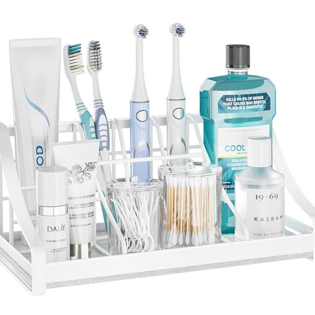 Toothbrush Holder Instant-Dry Organizer - Bathroom Countertop Organizer Kids Electric Toothbrush Toothpaste Holders - 7 Slots Bathroom Sink Accessories Storage Tooth Brush Counter Organization, White