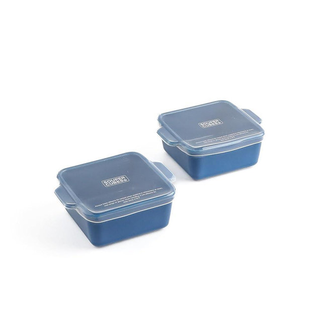 Souper Cubes Stoneware 2.0-5" x 5" Baking Dishes for Oven, Made in USA, Premium Mini Ceramic Baking Dishes with Silicone Covers for Individual Portions, Set of 2 - Blueberry