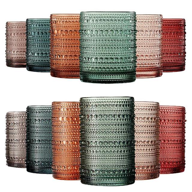 Hobnail Drinking Glasses Pastel Colored Beaded Drinking | 12 Set | 6x Tumbler 11 OZ + 6x Highball 12 OZ Bubble Glassware, Water, Cocktail, Old Fashioned, Embossed Thick Heavy Glass For Kitchen & Bar