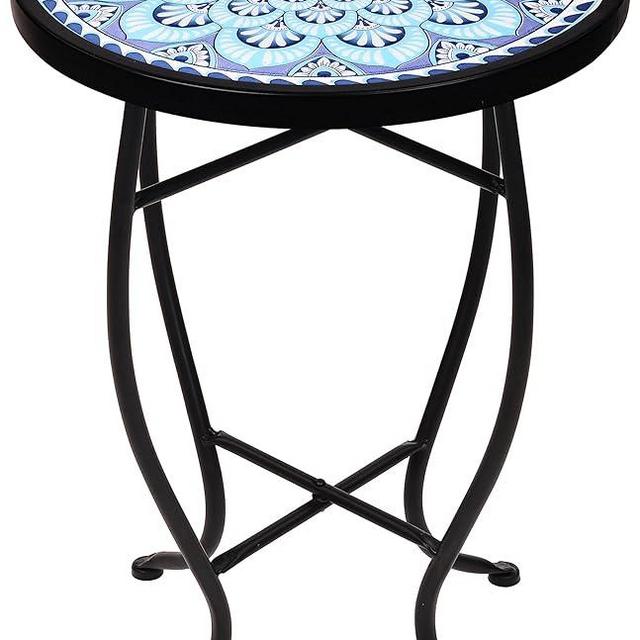 Elevon 14 Inch Round Side Ceramic Tile Top Indoor and Outdoor Accent Table, Greek