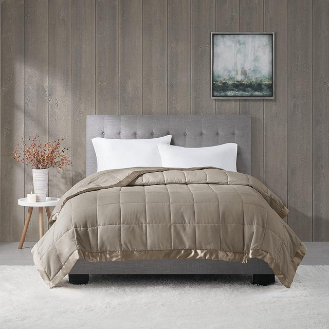 Madison Park Windom Down Alternative Blanket, Premium 3M Scotchgard Moisture Wicking Treatment, Lightweight and Soft Bed Cover For All Season, Satin Trim, Brown Full/Queen