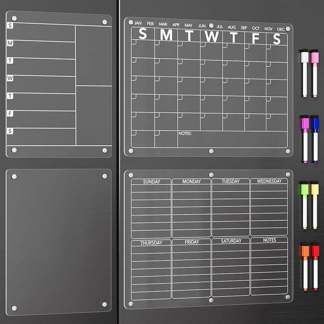 Neatsure 4Pcs Acrylic Magnetic Dry Erase Board Calendar for Fridge, Clear Monthly Weekly Daily Meal Menu Planner Whiteboard for Refrigerator, Notepad Memo White Board, w/ 8 Colors Markers, 15"x11"