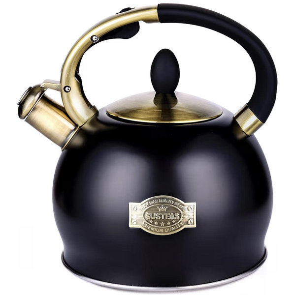 SUSTEAS Stove Top Whistling Tea Kettle - Food Grade Stainless Steel Teakettle Teapot with Cool Touch Ergonomic Handle, With 1 Silicone Pinch Mitt Included, 2.64 Quart(BLACK)