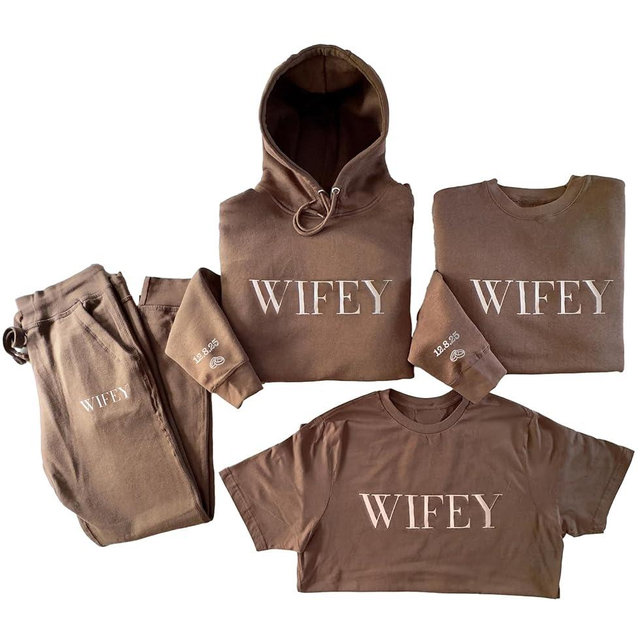WEAR PHYSIQUE Wife Gift Set, Matching Embroidered Wife Sweatsuit Outfit, T-Shirt, Sweatshirt, Hoodie, Sweatpant, Wedding and Bachelorette Party, Newly Wed Gift Set