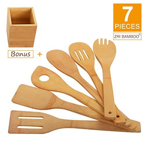 Kitchen Cooking Utensils Set - 6 Pieces Bamboo Wooden Spoons & Spatulas and 1 Holder as Bonus, Heat Resistant for Non Stick Cookware