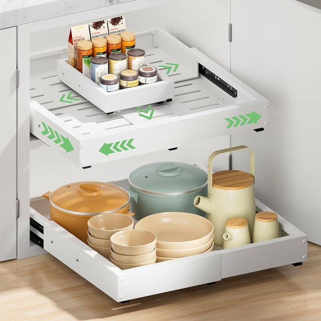 BUFOR 2 Pack Pull out Cabinet Organizer, Width (12"-19") Depth (16"-22"), with 3 Rails Adjustable Slide, Expandable Pullout Drawers for Cabinets, No Drill Adhesive Kitchen Drawers for Shelves