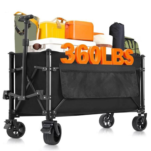 Favoyard Collapsible Wagon Carts Foldable 150L & 360LBS Portable Folding Wagons with All-Terrain Wheels & Brakes Heavy Duty Outdoor Utility Cart for Beach Grocery Camping Shopping Sports Garden, Black