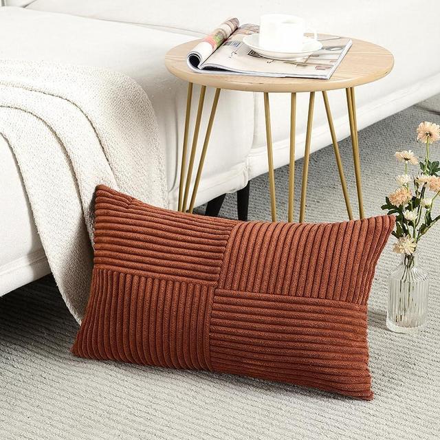 Fancy Homi Rust Lumbar Decorative Throw Pillow Covers 12x20 Inch for Couch Bed Sofa, Rustic Farmhouse Boho Home Decor, Soft Striped Corduroy Rectangle Accent Terracotta Cushion Case 30x50 cm