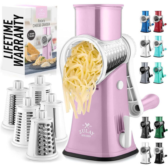Zulay Rotary Cheese Grater 5 Blade Cheese Shredder - Manual Hand Crank Cheese Grater With Reinforced Suction & 5 Interchangeable Drums - Easy to Use Vegetable Chopper - Blush Pearl