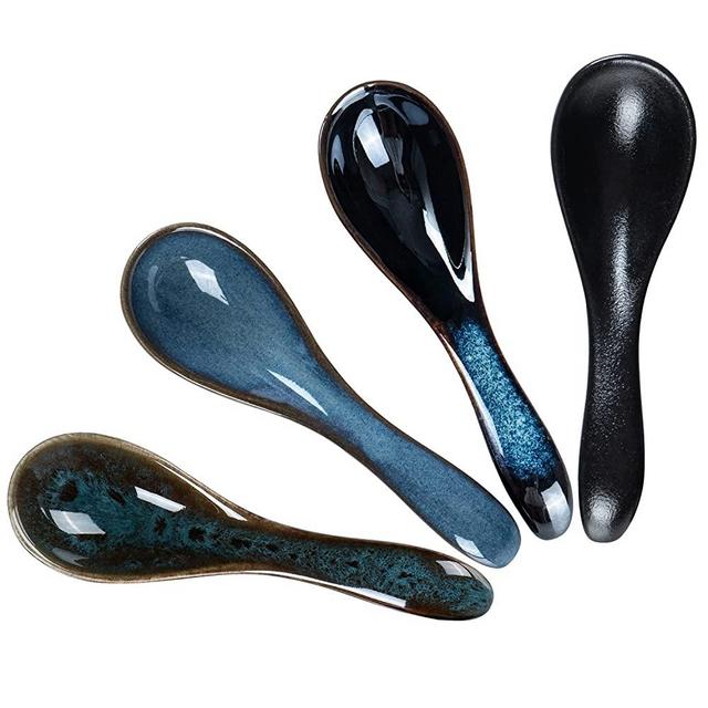 HOKELER Ceramic Asian Soup Spoons 5.6 inch Chinese Japanese Porcelain Soup Spoon for Ramen Pho Miso Wonton, Set of 4 (4 Colors)
