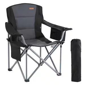 Camping Folding Chair for Adults Portable Heavy-Duty Outdoor Quad Lumbar Back Padded Arm Chairs in Black