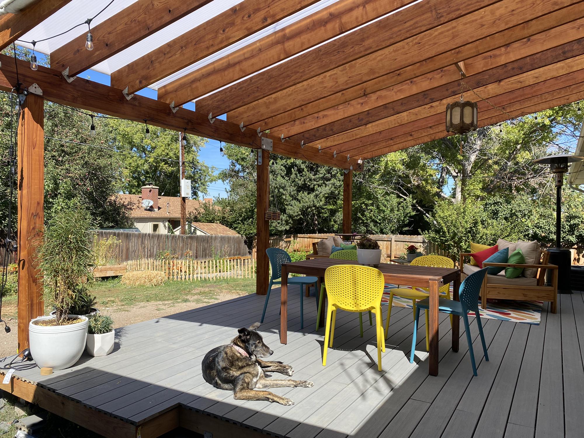 We spent the whole summer of 2021 working on this outdoor space. Here's the finished product, featuring Luna!