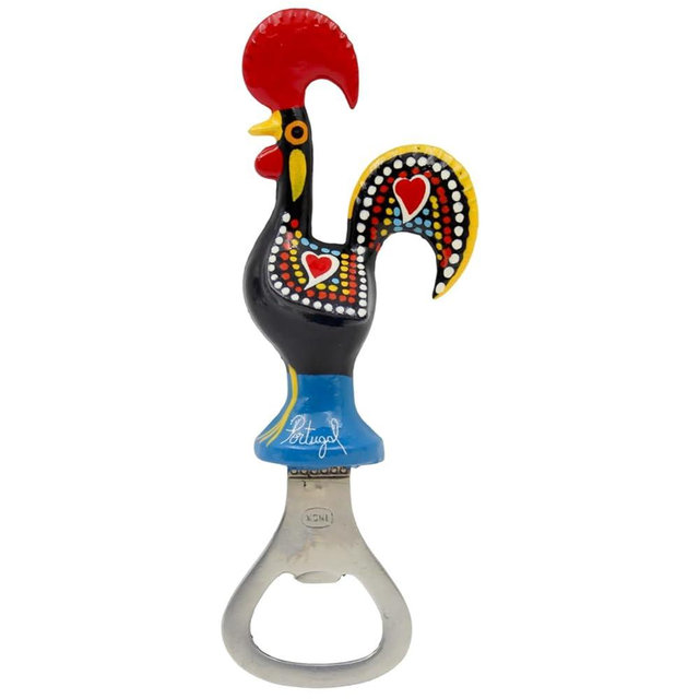 Traditional Hand-Painted Portuguese Good Luck Rooster Metal Bottle Opener with Magnet Back - 5" Long - Made in Portugal (Black)