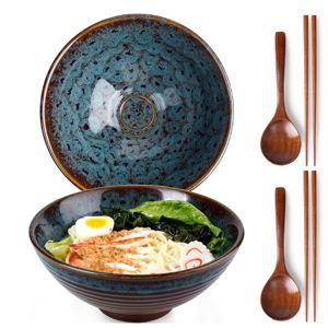 NUTRIUPS 8 Inch Ceramic Ramen Bowl Set of 2 Pho Bowls Japanese Noodle Udon Soup Bowls with Spoons and Chopsticks (Peacock Tail)