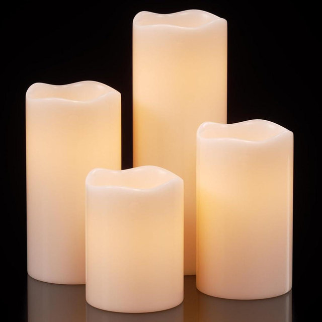 Eldnacele Waterproof Flameless Flickering Candles with 6 Hours Timer, Indoor Outdoor White LED Plastic Battery Operated Pillar Candles Pack of 4 Wedding Dinner Home Decor, D3”x H4” 5” 6” 8”