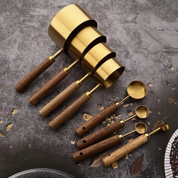Wood and Steel Measuring Spoon Set - Gold