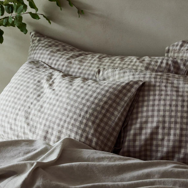 Mushroom Gingham 100% Linen Standard Pillowcases (Pair)