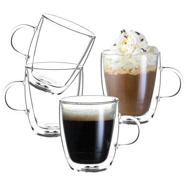 Double Wall Insulated Glass Coffee Mugs set of 4-13.5 oz Clear Hand Blown Glass Coffee Cups with Handle for Cappuccino, Latte,Espresso,Tea Bags,Americano,Beverages,Gifts for Dad