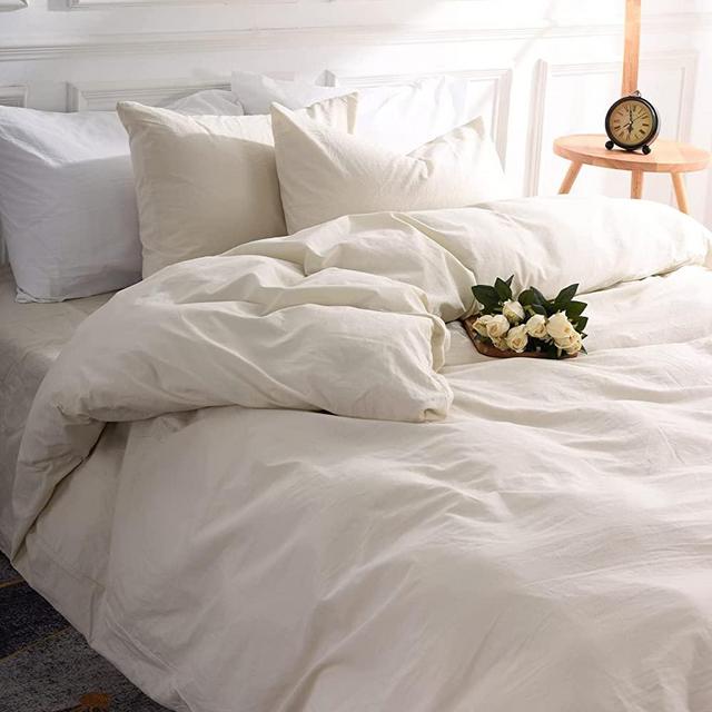 NEXHOME PRO Duvet Cover Set King Size Linen Feel Textured Cream Grey Organic Natural 100% Washed Cotton Duvet Cover 3 Pieces Bedding Set with Zipper Closure, Breathable, Soft (No Comforter)