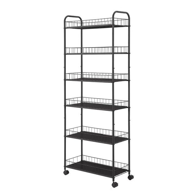 VFY 6-Tier Storage Cart Wire Slim Shelving Shelf with Wheels for Small Spaces, Rolling Tall Organizer Storage for Bathroom, Kitchen, Home, Garage, Bedroom, Closet (Black, 10“D)