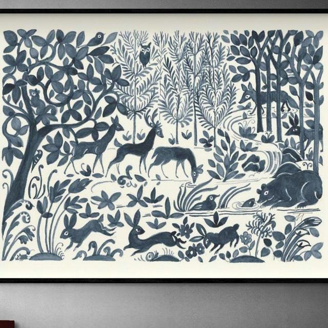 Forest Life II by Miranda Thomas, Navy Blue Forest Print, Forest Animals Wall Art, Wild Animal Print, Rabbit Painting Print