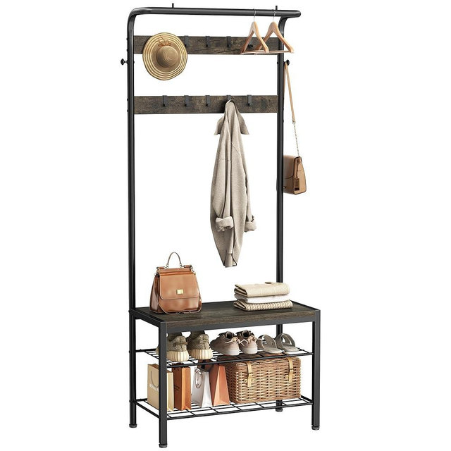 DUMOS 4-in-1 Hall Tree with Coat Rack & Shoe Bench, Entryway Storage Organizer with Shelves and Hooks, Mudroom Bench with Shoe Storage, Coat and Shoe Rack for Entryway, Grey