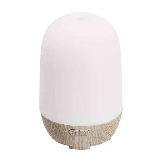 Amazon Basics 100ml Ultrasonic Aromatherapy Essential Oil Diffuser, Grey Wood Grain Finish Base, with 7-Color Night Light