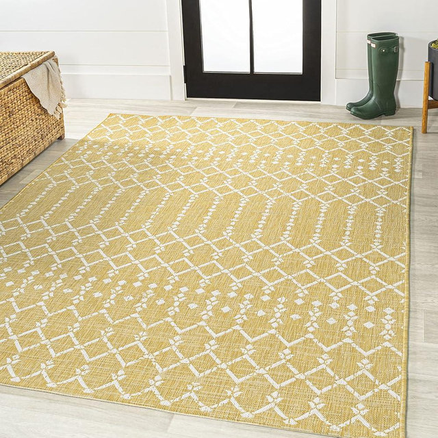 eyely BMS108G-5 Santa Monica Ourika Moroccan Geometric Textured Weave Indoor/Outdoor Area Rug Rustic, Bedroom, Kitchen, Backyard, Patio, Easy-Cleaning, Non-Shedding, 5 X 8, Yellow/Cream