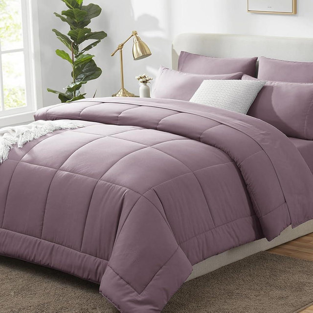 CozyLux Oversized Queen Comforter Sets Dusty Purple, 7 Pieces Bed in a Bag, Ultra-Soft All Season Bedding Sets with Stitch Quilted Comforter, Flat Sheet, Fitted Sheet, Pillowcases
