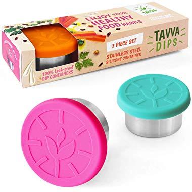 TAVVA Salad Dressing Container To Go – 3X1.5oz Stainless Steel Containers with Food-grade Leakproof Silicone Lids – Portion Control Containers –Also Suitable as Snack Containers and Baby Food Jars