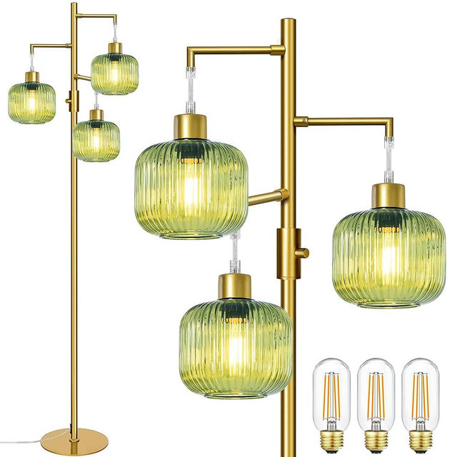 Duoled Floor Lamp for Living Room, Dimmable Standing Lamp with Green Glass Shape, Modern Gold Tall Lamps for Bedroom, 3×600LM LED Bulbs Included