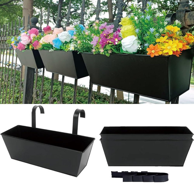 3 Pcs Large Hanging Flower Pots for Railing Or Fence 16 Inch Railing Planter Box for Any Balcony, Porch or Deck Countryside Style Window Planter Boxes Are Perfect to Herbs & Flowers for Garden (Black)