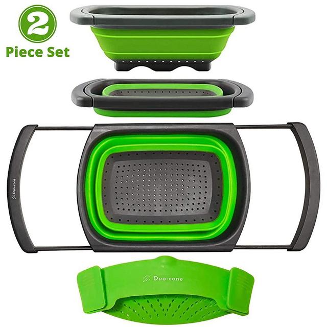 Duo-cone 2 unit colander strainer set; 1 collapsible over the sink with expandable handles unit & 1 clip-on unit; best way to clean fruits and vegetables and drain your pasta in 1 set,6 Quart/Green
