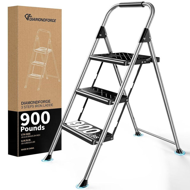 DIAMONDFORGE 3 Step Ladder, Folding Step Stool with Anti-Slip Wide Pedal, Soft Handle, Anti-Slip Feet, Sturdiest Steel Construction, 900lbs Capacity Steel Ladder for Home and Office, Grey