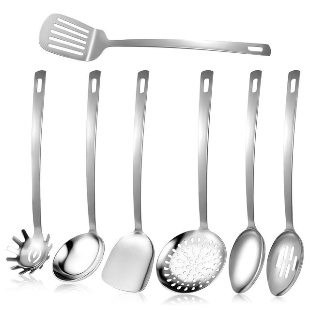 7Pcs Kitchen Utensils Set Stainless Steel Cooking Utensils Set, Silver Serving Utensil Cooking Spoon, Spatula, Soup Spoon, Slotted Serving Spoons, Ladle, Slotted Turner, Skimmer, Ladle, Pasta Fork