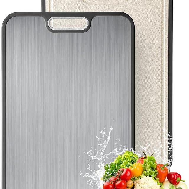 Titanium Cutting Board for Kitchen, Non Toxic Stainless Steel Cutting Board Double Sided, Food Grade Pure Titanium & Wheat Straw PP, Meat & Vegetable Chopping Boards, Scratch Resistant, Large 16”×11”