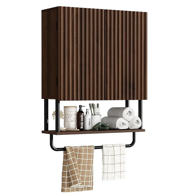 RUSTOWN Fluted Bathroom Wall Cabinet with 2 Doors, 3-Tier Modern Farmhouse Medicine Cabinet, Over The Toilet Storage Cabinet with Adjustable Shelf and Towel Bar (Dark Walnut, Medium)