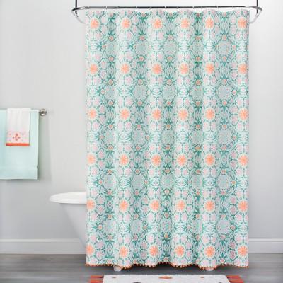 Medallion Print with Pom Fringe Shower Curtain Vapor Green/Orange - Opalhouse™