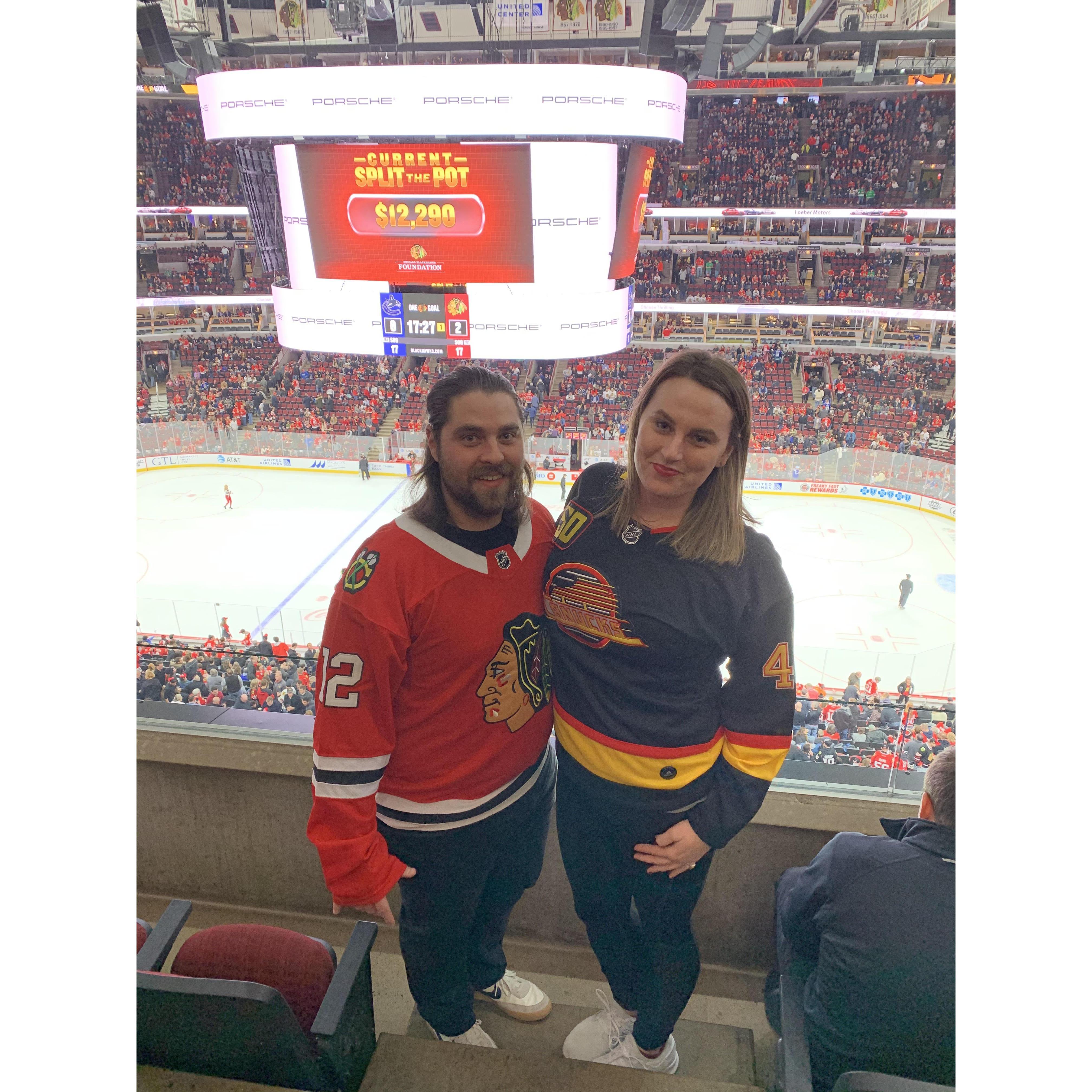 Hawks v Canucks, November 7, 2019. We got engaged moments after this photo was taken. Elise's boss was the third person we called.