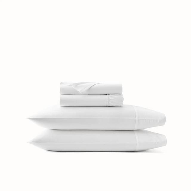 BOLL & BRANCH Percale Hemmed Sheet Set – 100% Organic Cotton – 1 Flat Sheet, 1 Fitted Sheet and 2 Pillowcases from Luxury Threads – Smooth, Breathable Cooling Weave, White, Queen