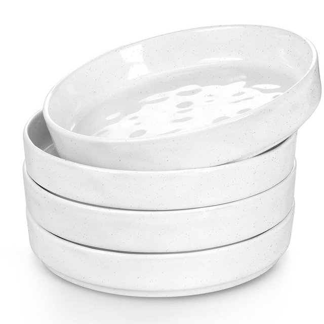 Herogo Pasta Bowls Set of 4, 34oz Stoneware Large Wide Shallow Plates and Stackable Serving Ceramic Bowls Dishes Sets for Salad Soup Cereal, Microwave & Dishwasher Safe, Speckled White