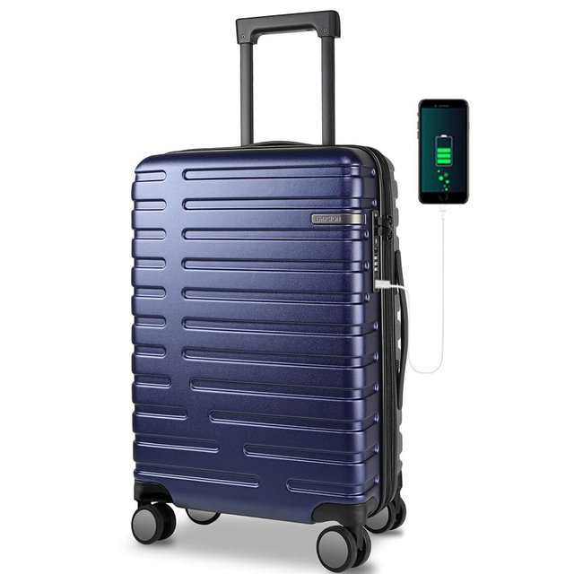 EMPSIGN Carry On Luggage with Spinner Wheels, Hard Shell Carry-On Suitcase 21x14x9 Airline Approved & Built-in TSA Lock, Durable Travel Rolling Suitcase, Carry-On 20-Inch, Navy