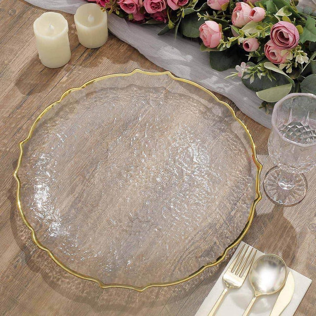 TCF Linen 13" Glass Chargers - Pack of 8 - Gold Charger Plates Sunflower Scalloped Rim Clear Reusable Serving Tray For Dinner Wedding Party Events